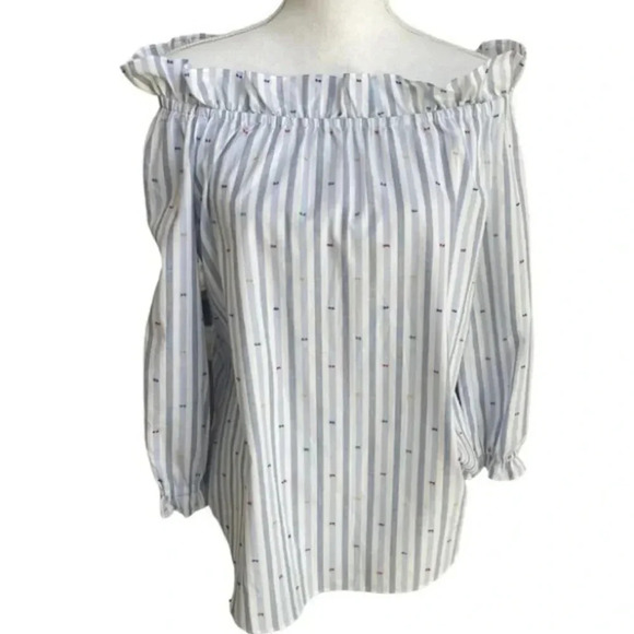 Sara Campbell Popover Off The Shoulders Blue White Stripe Cotton Blouse Size L - Picture 1 of 13
